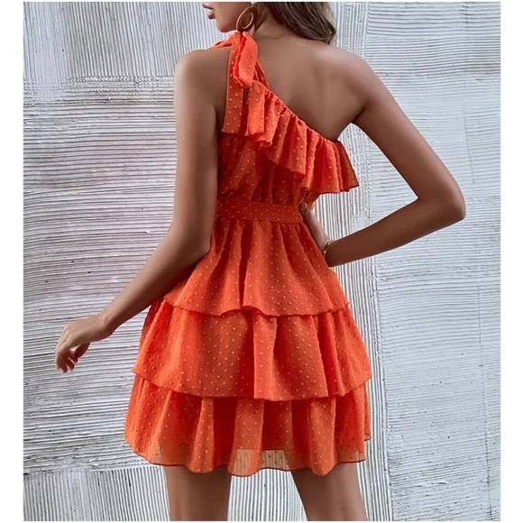 Boho Swiss dot One Shoulder Ruffle Mini Dress - Picture 9 of 13